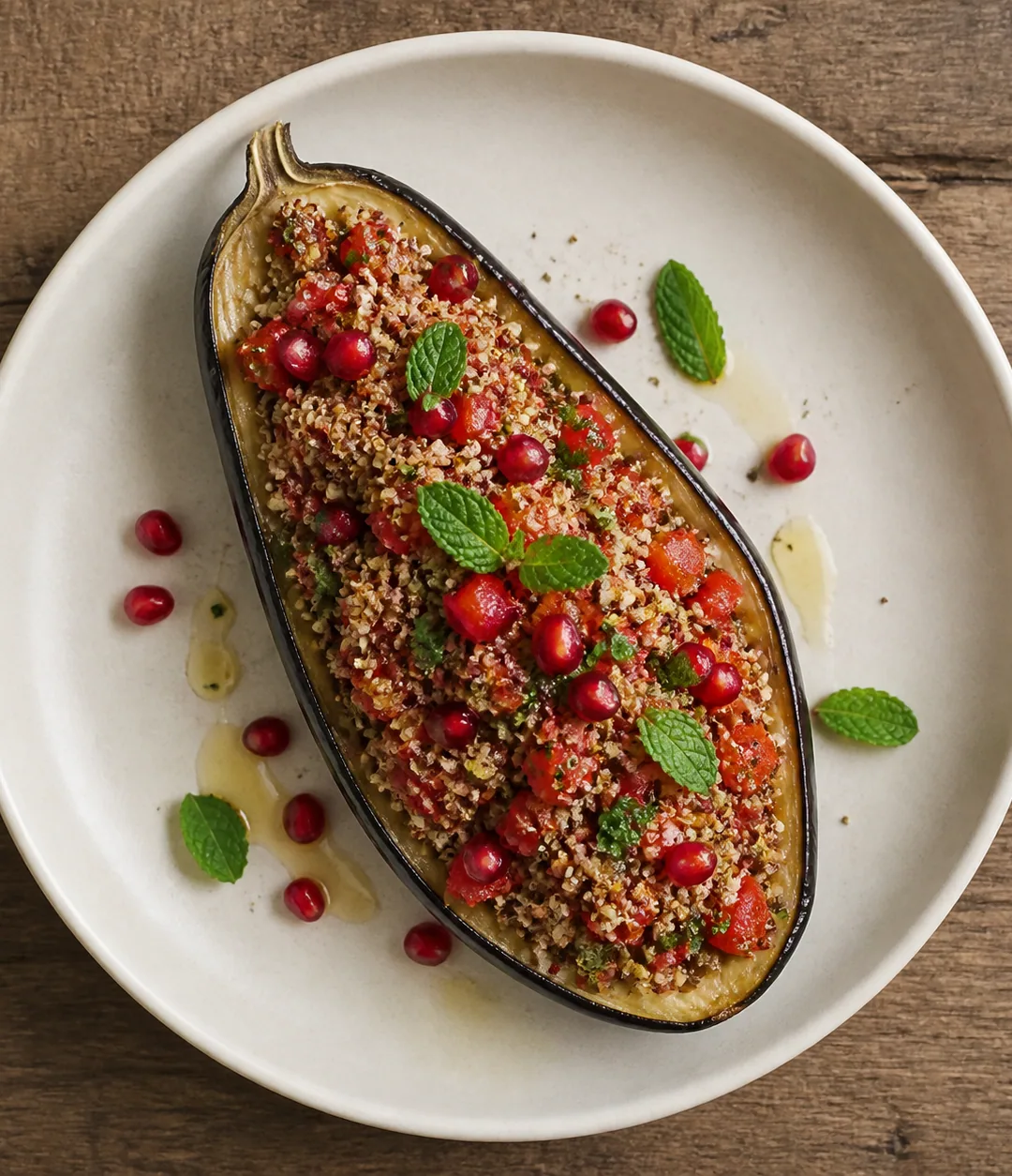 Berinjela recheada com quinoa, tomate e ervas