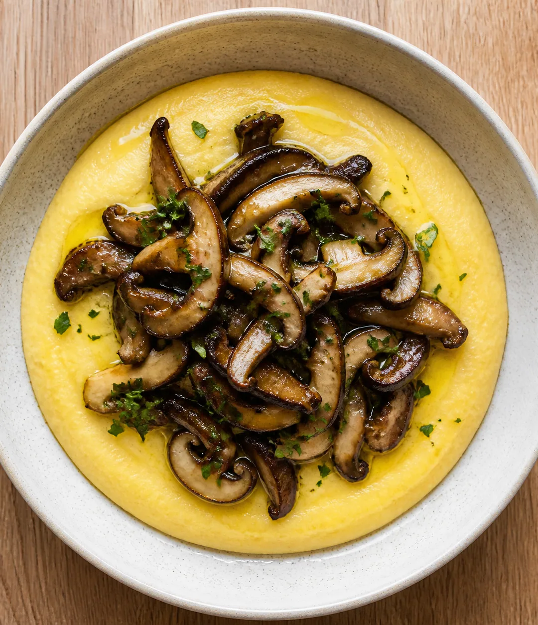 Polenta cremosa com ragu de cogumelos e ervas