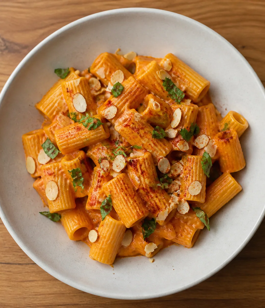 Rigatoni ao molho de pimentão assado e amêndoa