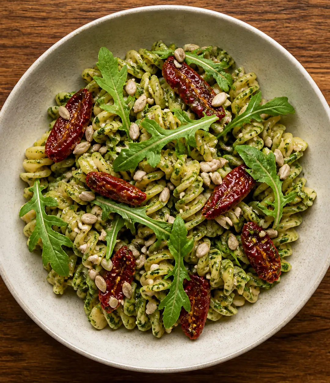 Fusilli integral com pesto de rúcula e tomate seco
