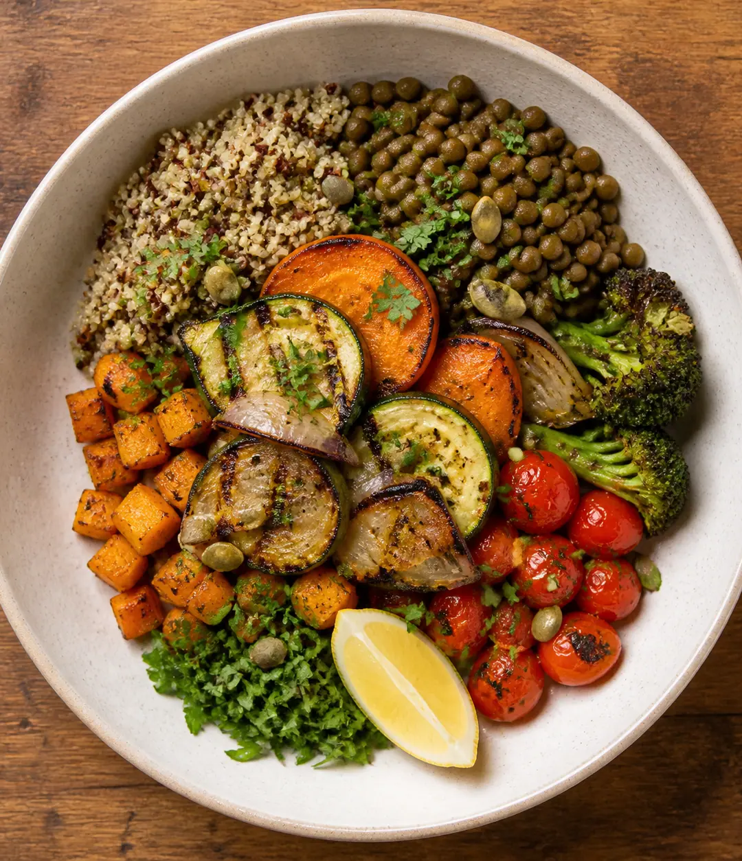 Bowl de quinoa, lentilha e legumes grelhados