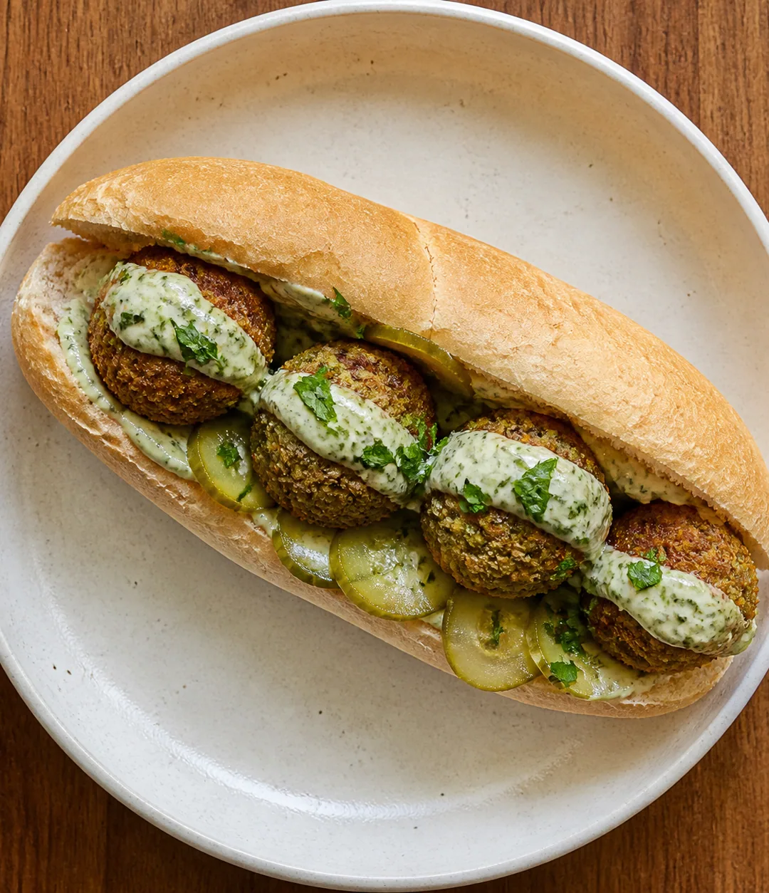 Baguete de falafel assado e molho de ervas