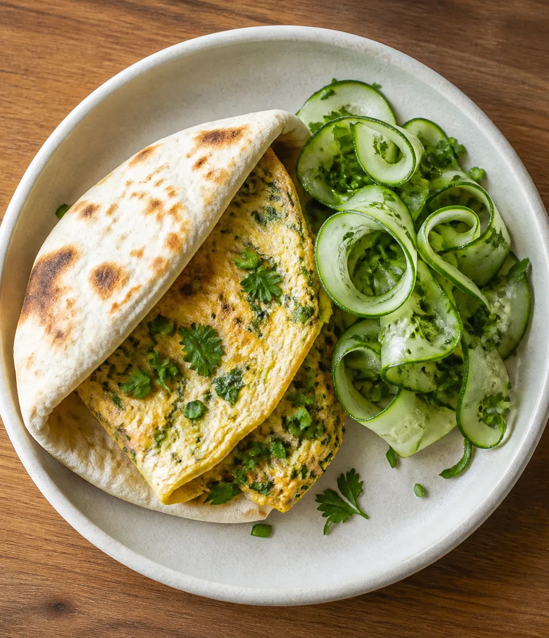 Pão sírio com omelete de ervas e salada crocante