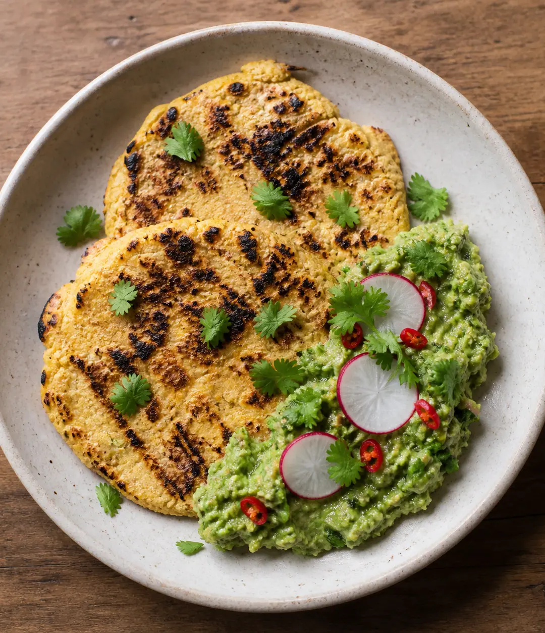Pão de milho na chapa com guacamole de ervas