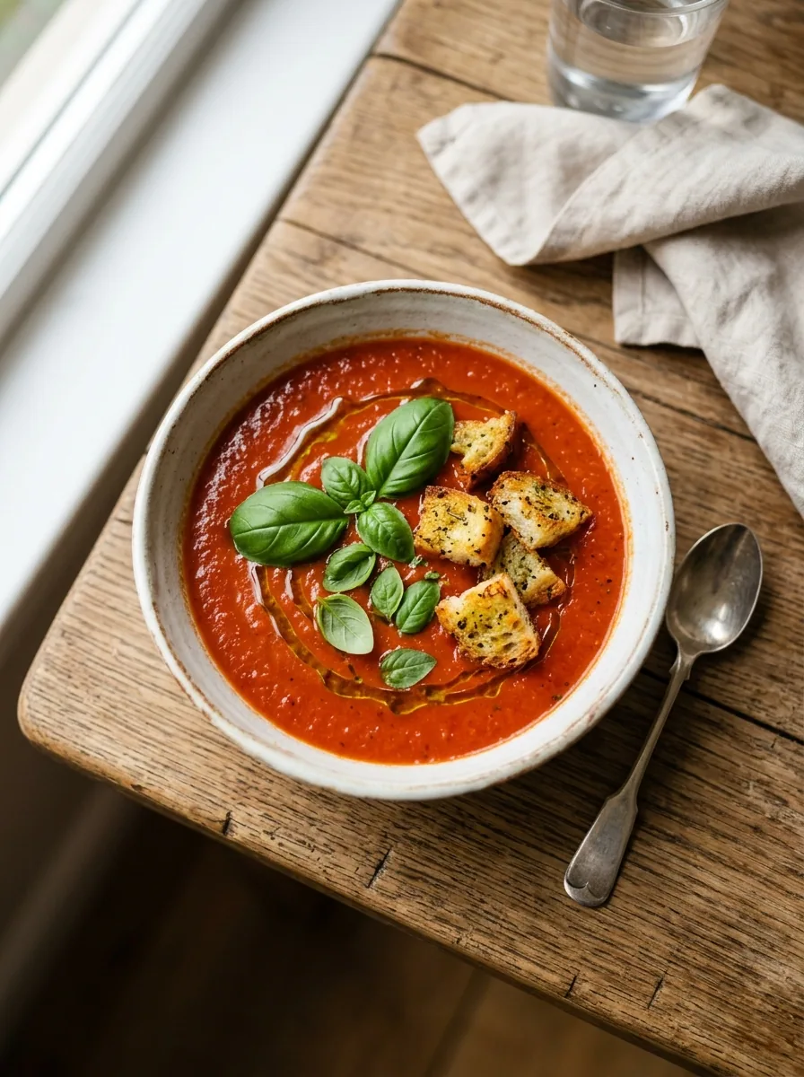 Sopa fresca de tomate assado com manjericão e croûtons