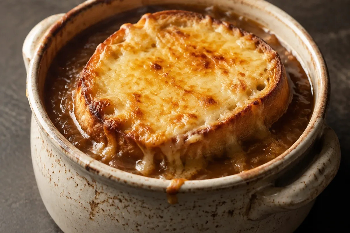 Sopa gratinada de cebola com queijo de cabra e pão