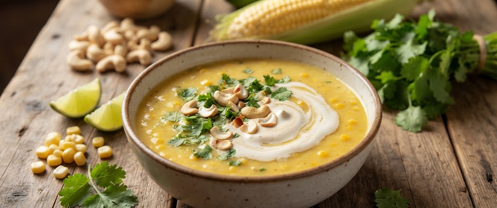 Sopa cremosa de milho-verde com coentro e castanha-de-caju