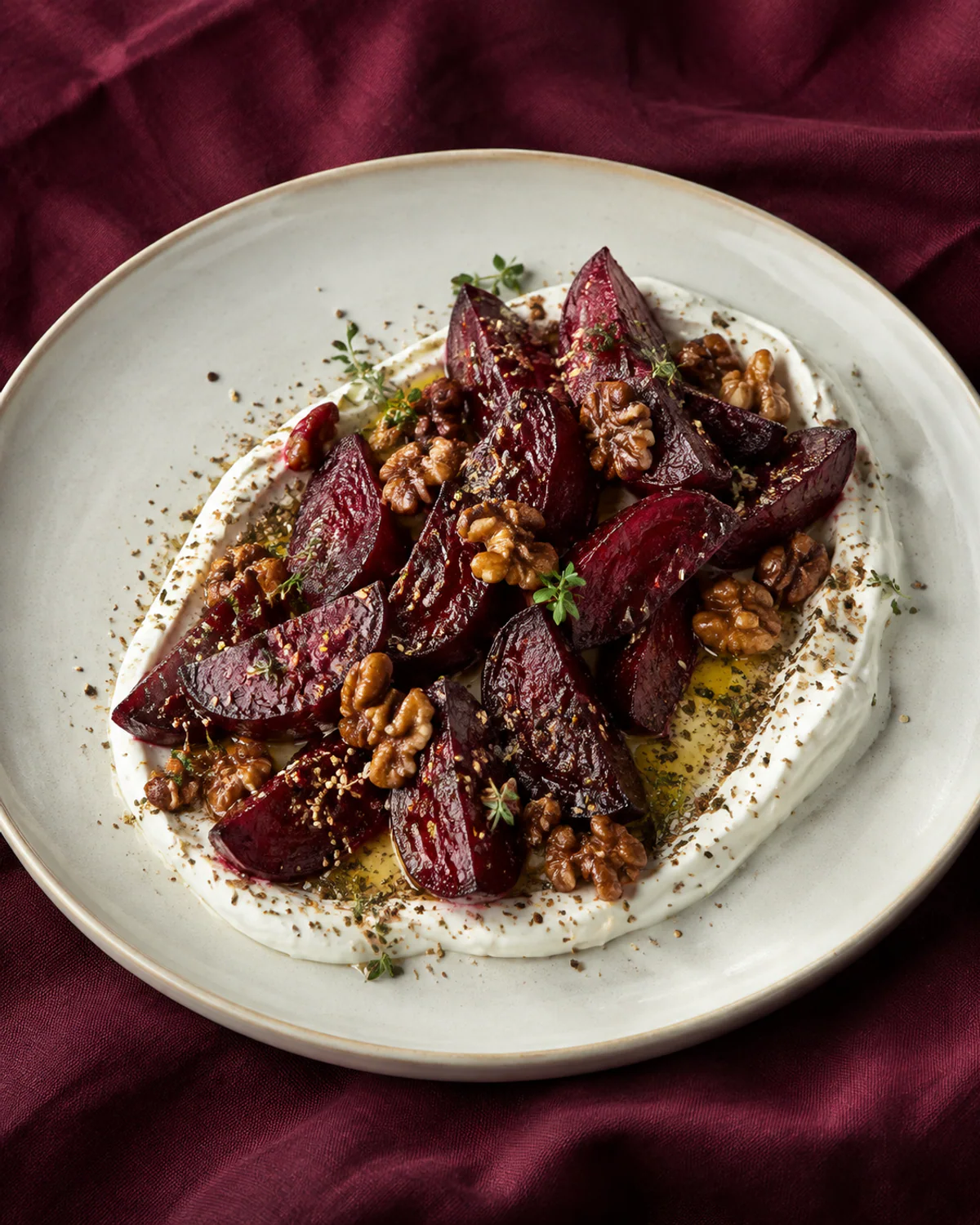 Beterraba assada com labneh, zaatar e nozes caramelizadas