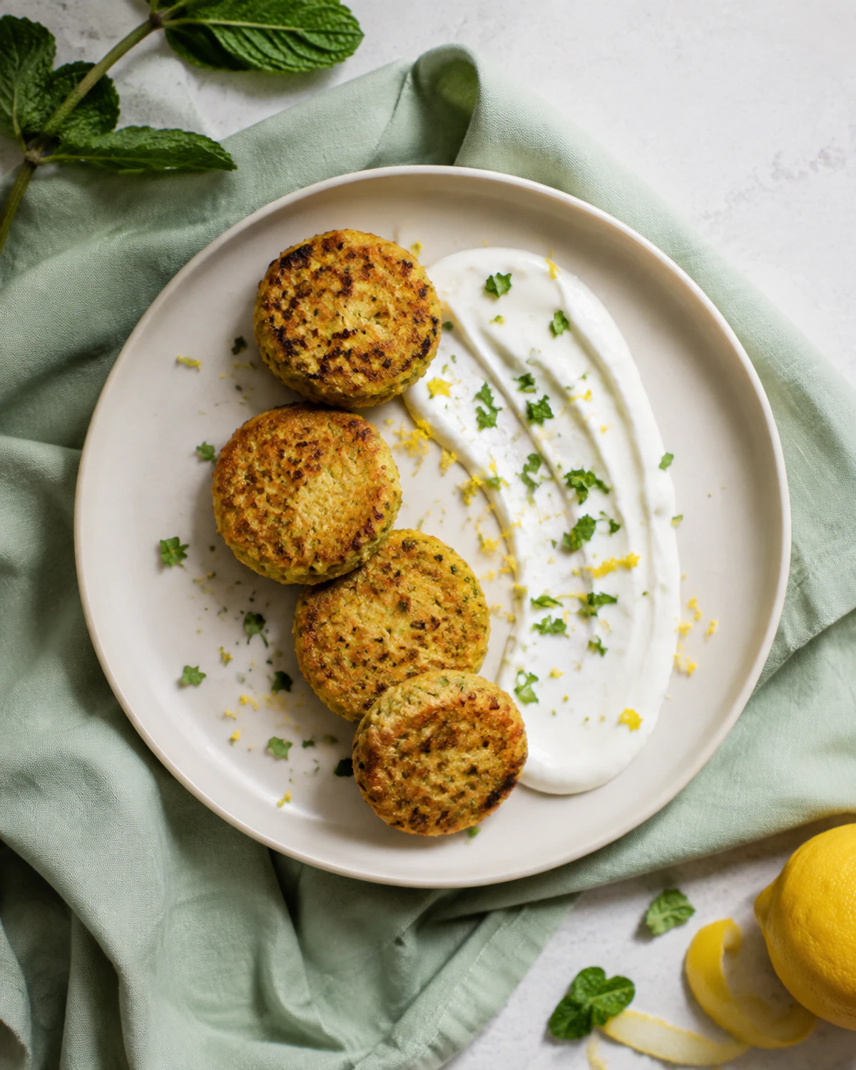Bolinho de painço com abobrinha, hortelã e iogurte de limão
