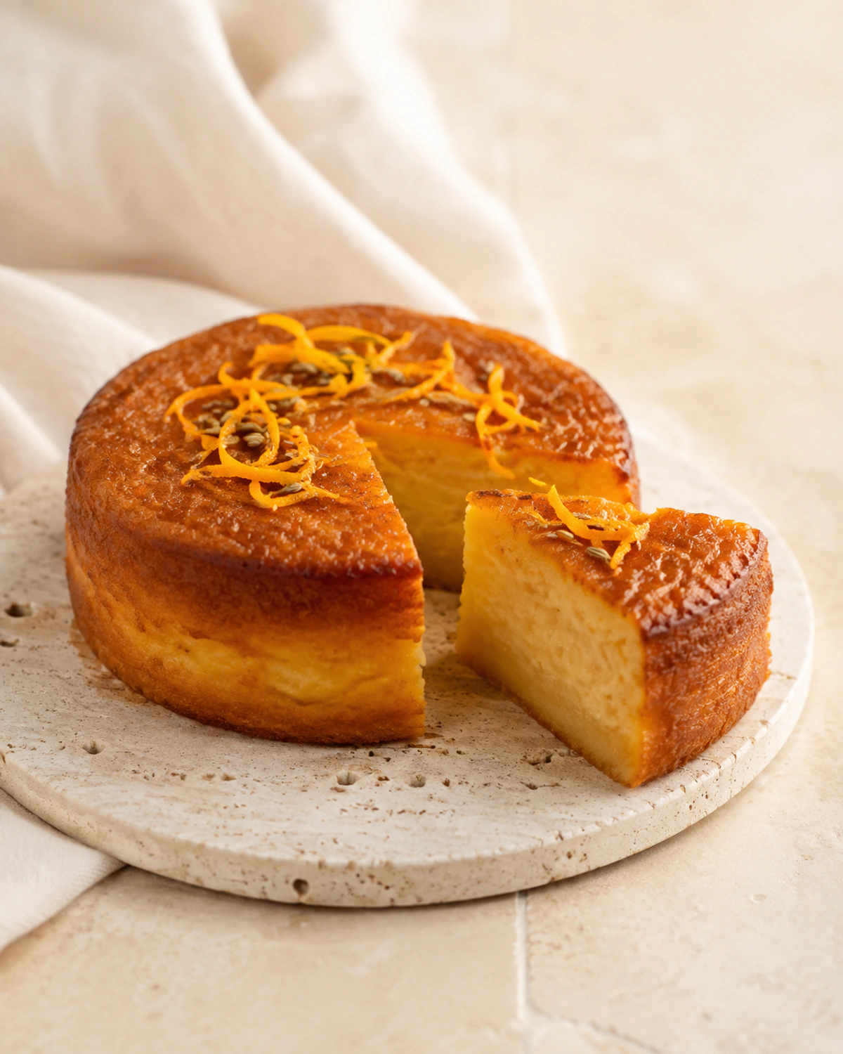Bolo de fubá cremoso com laranja, erva-doce e azeite