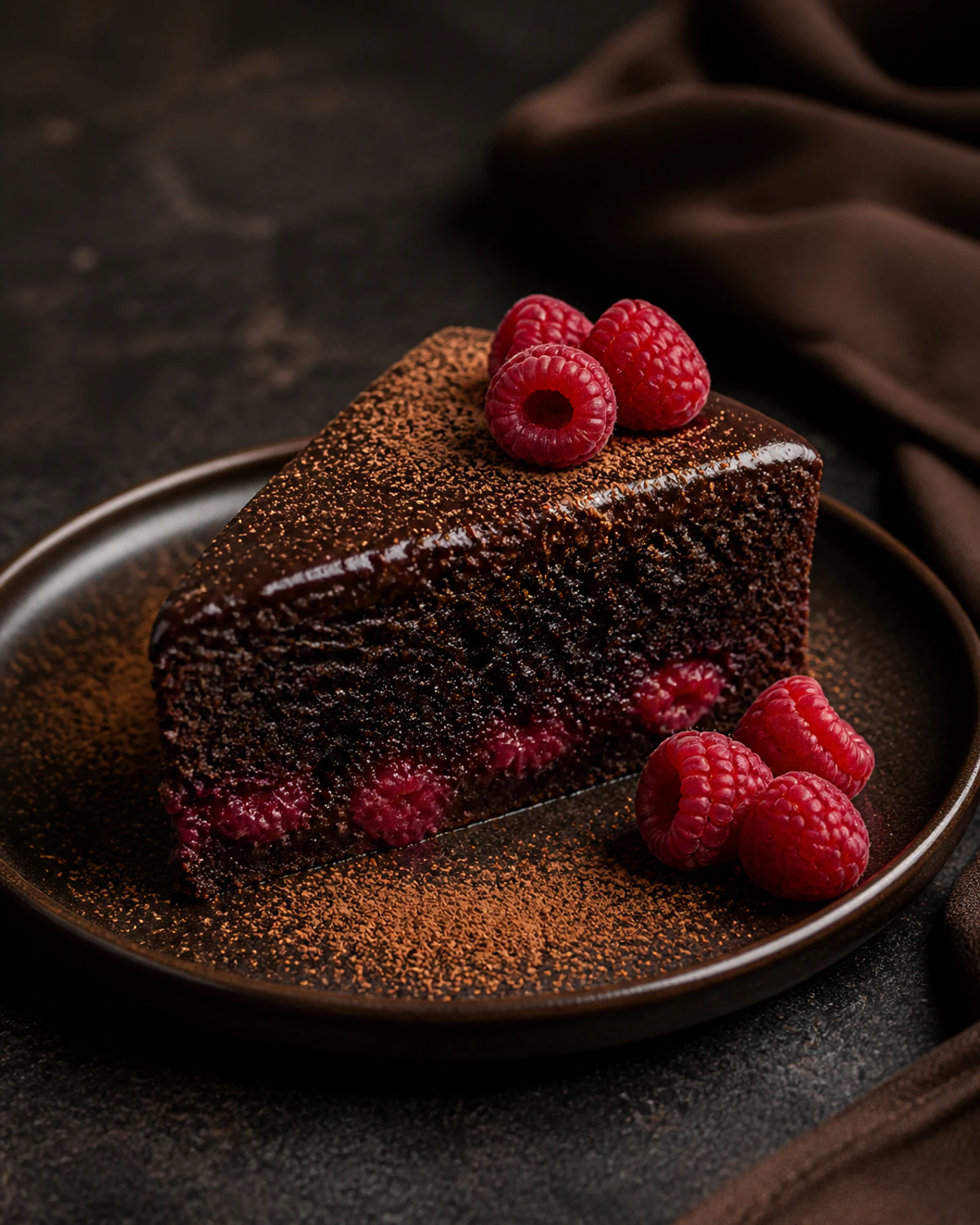 Bolo úmido de chocolate, azeite e framboesa