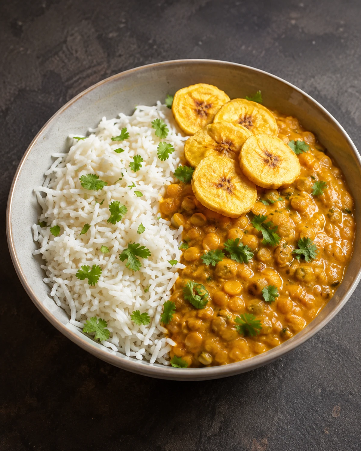 Bowl de arroz basmati com curry aromático de lentilha e chips de banana