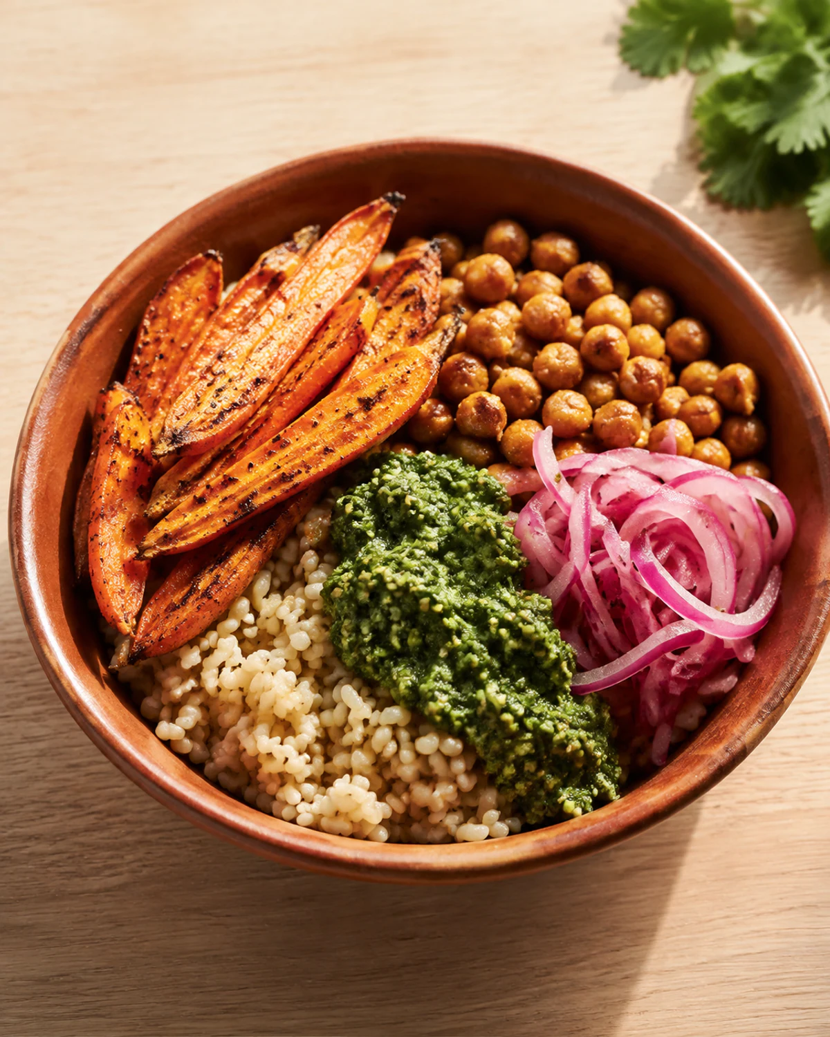 Bowl de arroz integral com cenoura assada, grão-de-bico e pesto de coentro