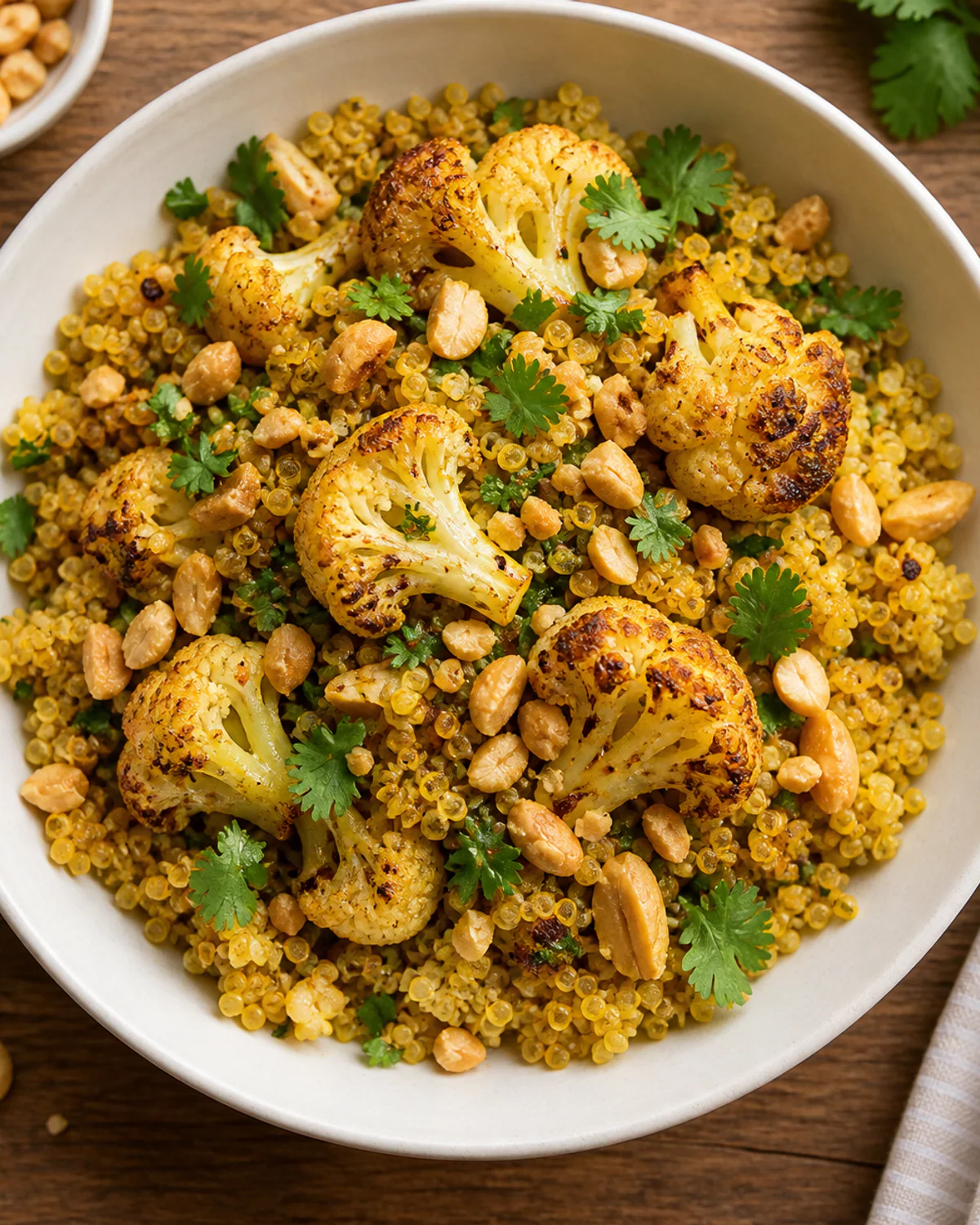 Bowl de quinoa ao curry com couve-flor assada e amendoim