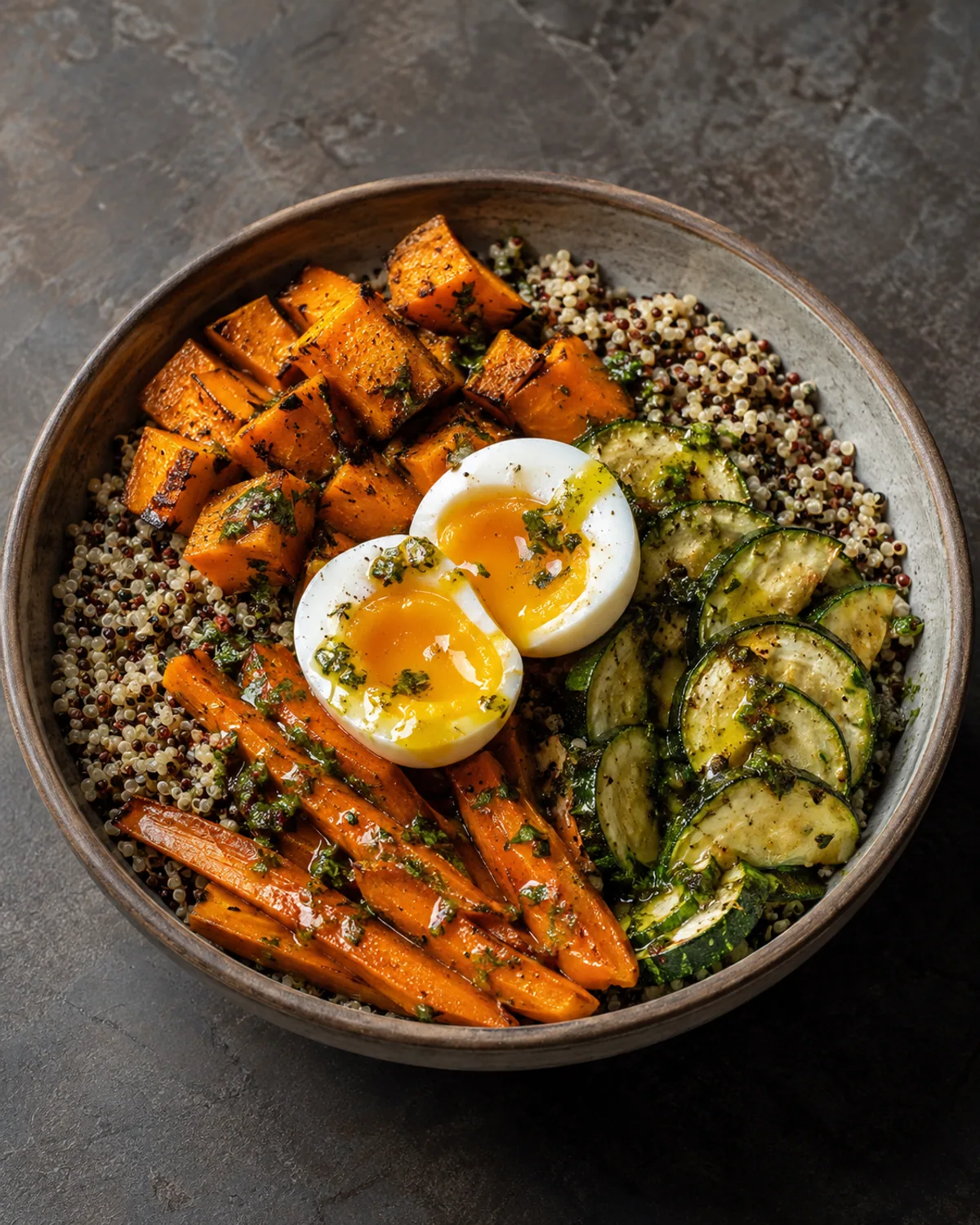 Bowl de quinoa real com legumes assados no azeite de ervas e ovo mollet