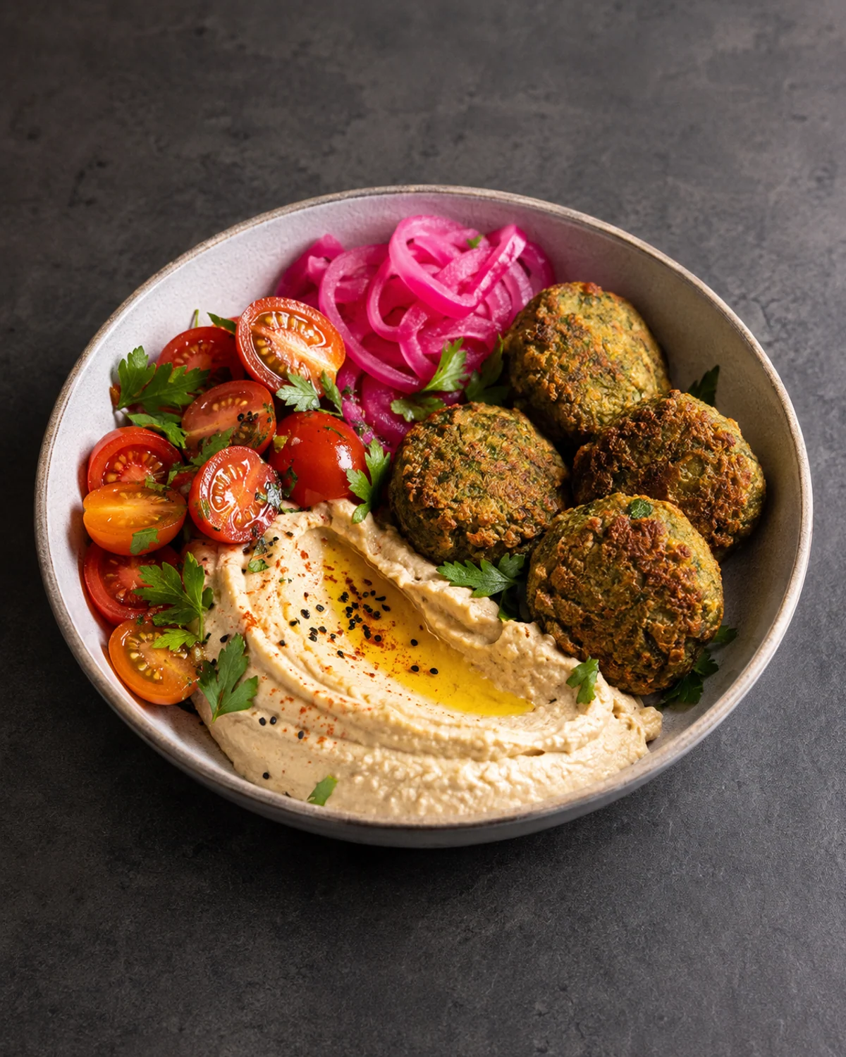 Bowl mediterrâneo com falafel de ervas, homus sedoso e picles de cebola roxa