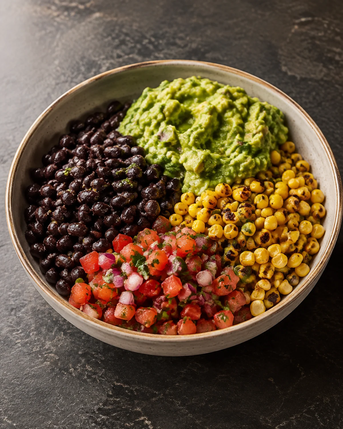 Bowl mexicano de feijão preto com guacamole rústica, milho assado e salsa fresca