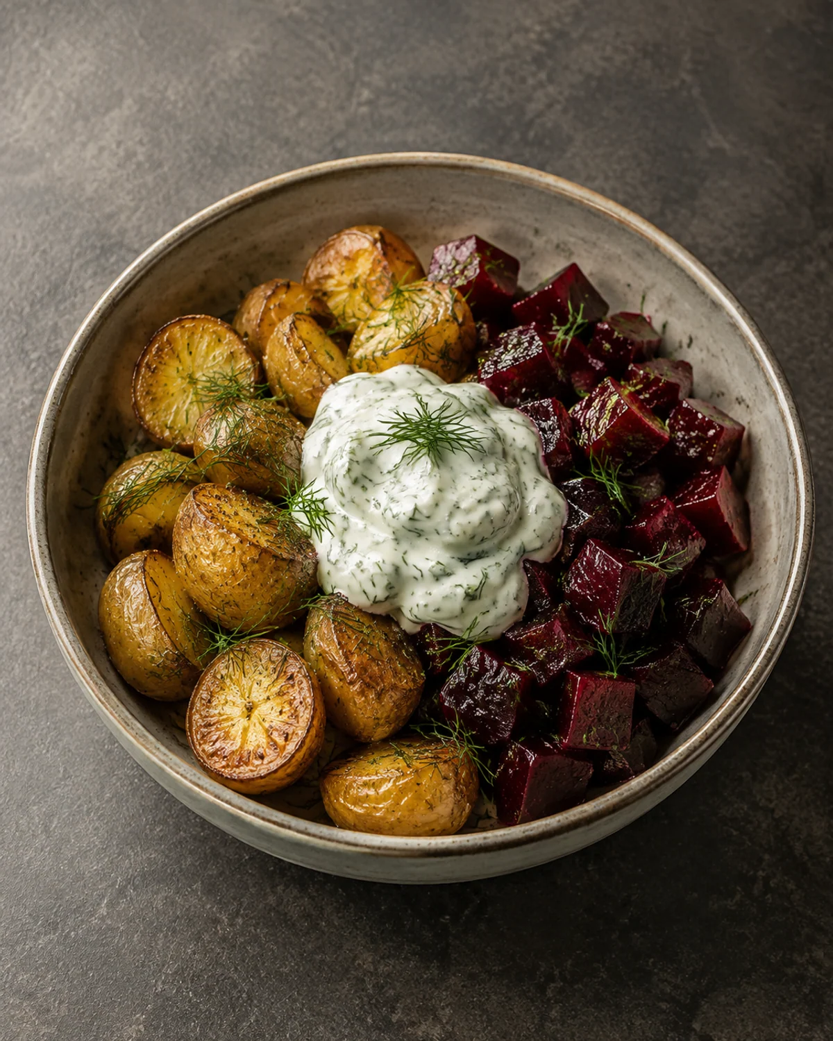 Bowl nórdico de batatas assadas com beterraba glaceada e creme de aneto