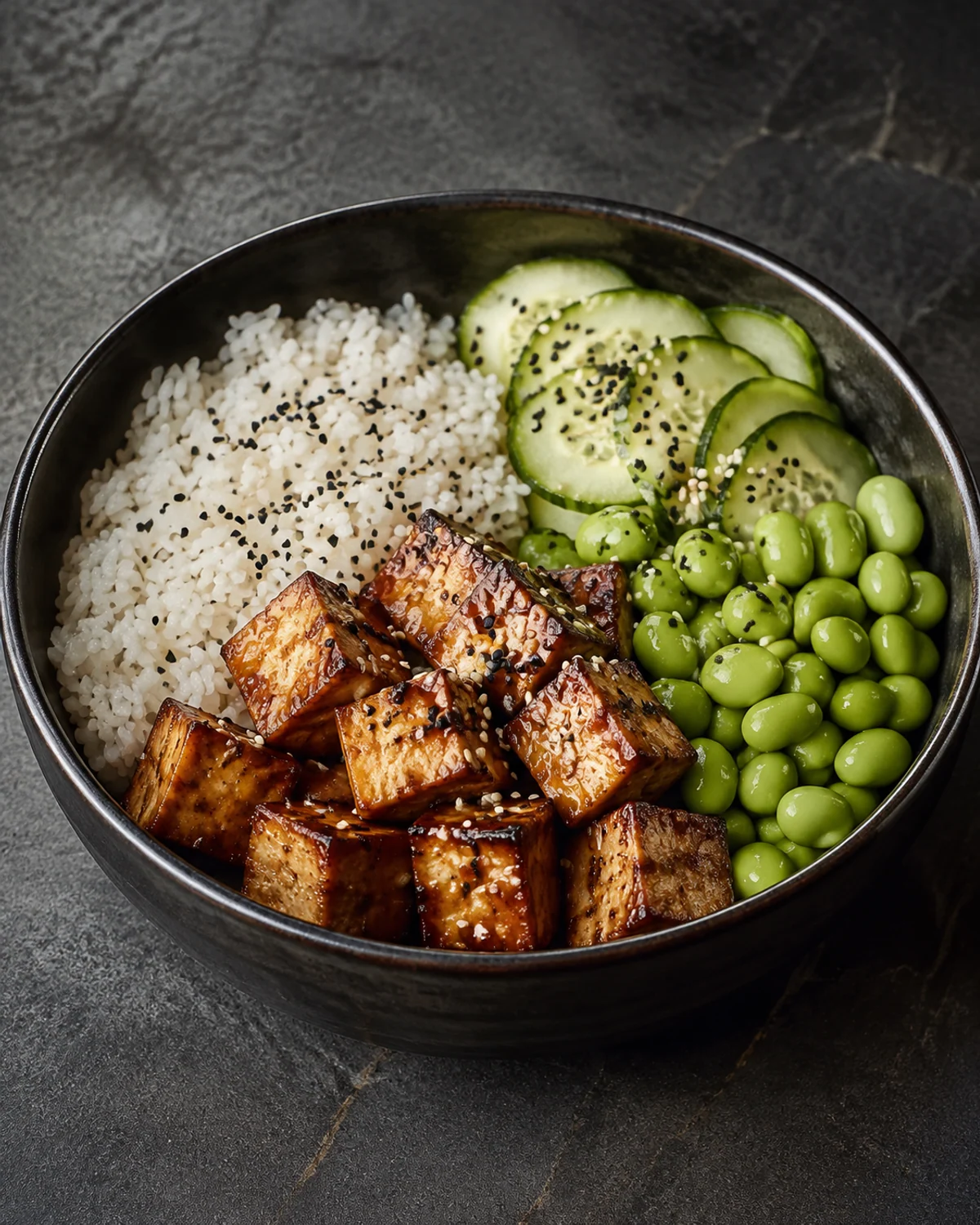 Bowl zen de arroz de jasmim com tofu marinado no missô e edamame fresco