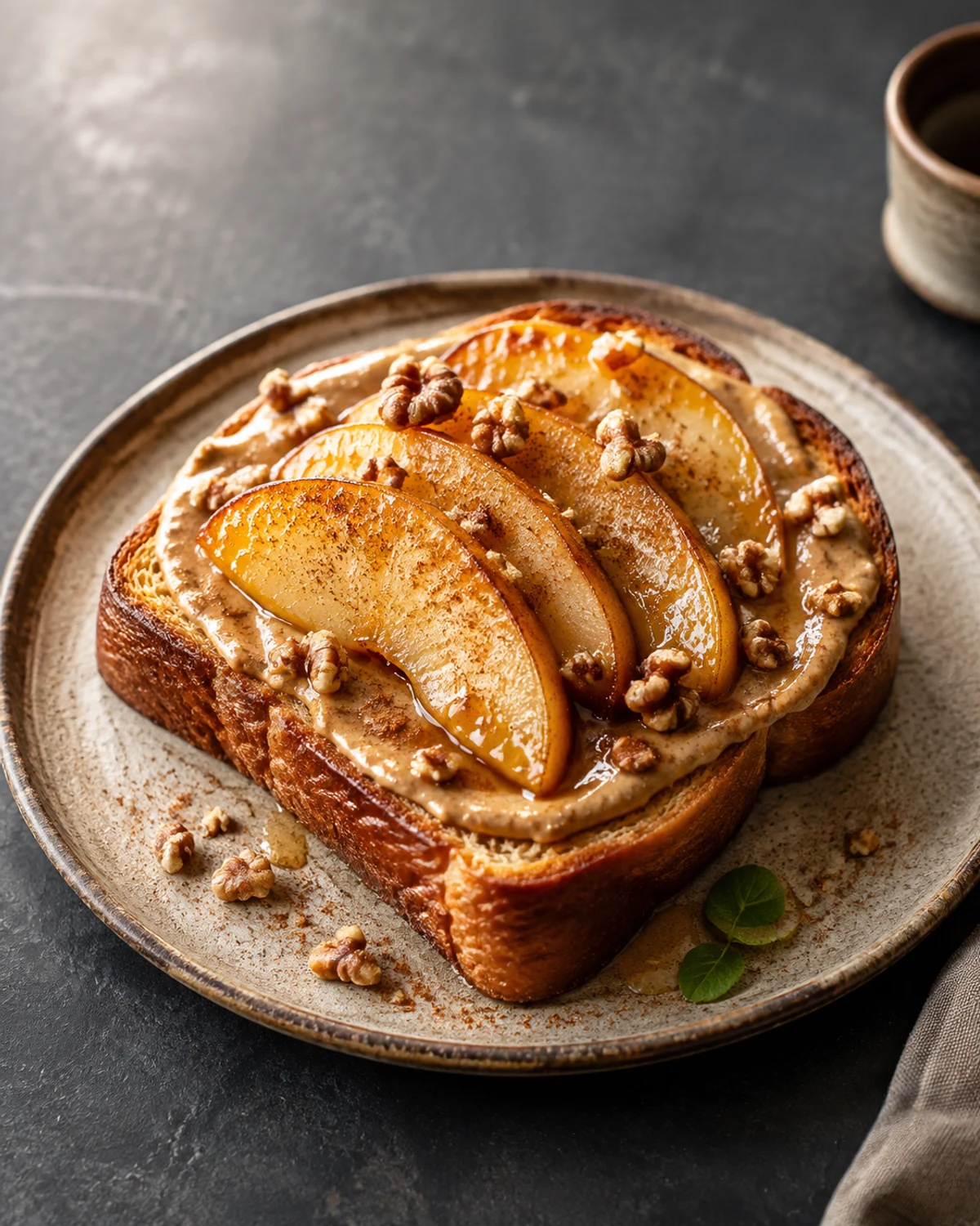 Brioche tostado com manteiga de nozes e peras caramelizadas