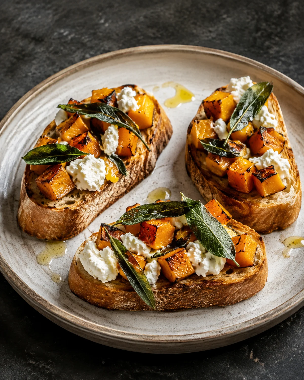 Bruschetta de abóbora assada com queijo de cabra e sálvia crocante
