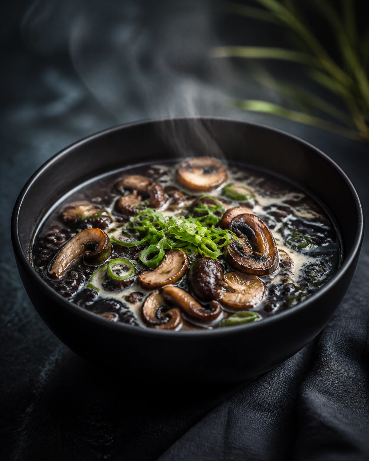 Caldo de arroz-negro com cogumelos, missô branco e cebolinha
