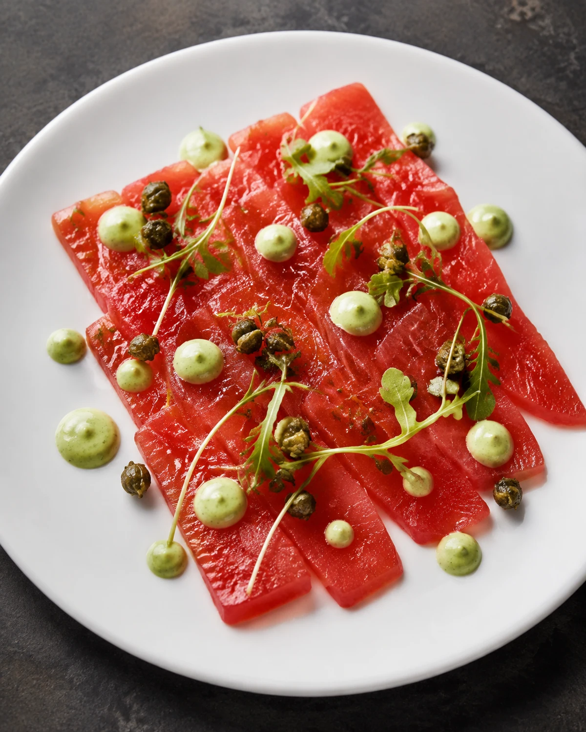 Carpaccio de melancia curada com alcaparras e emulsão de limão cravo