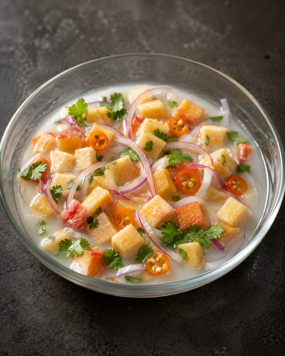 Ceviche de caju com pimenta de cheiro e leite de coco fresco
