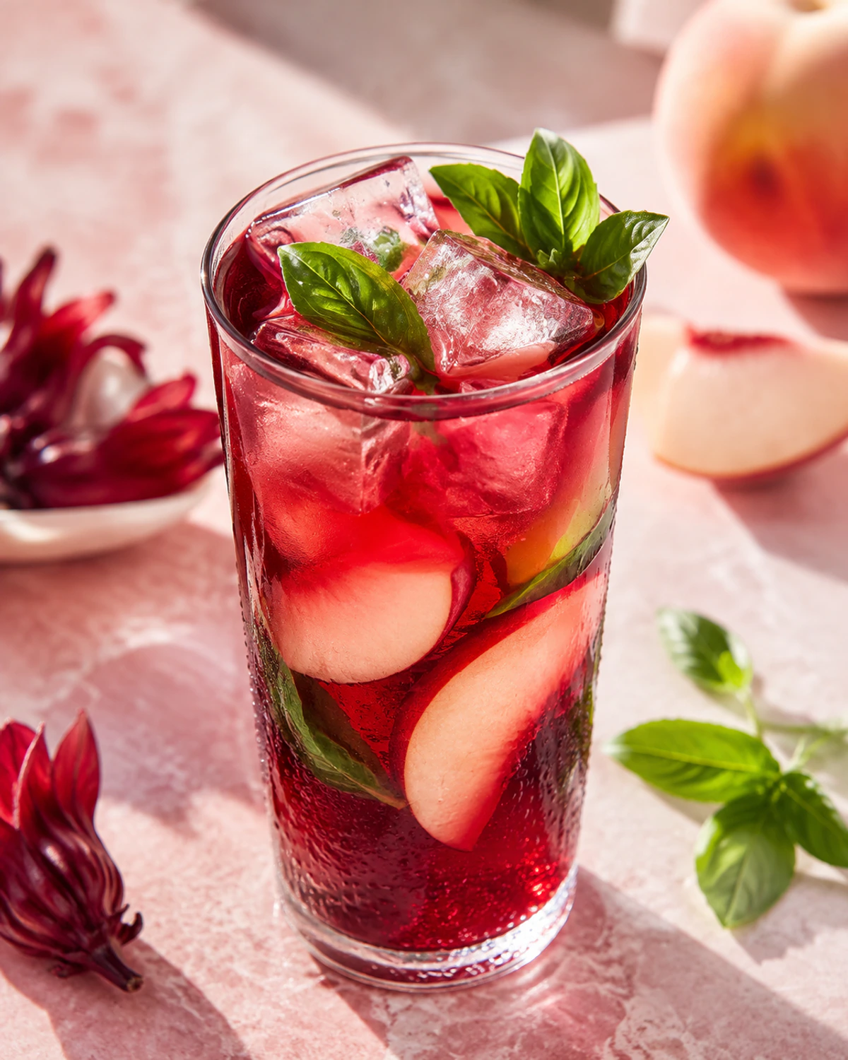 Chá gelado de hibisco, pêssego branco e manjericão