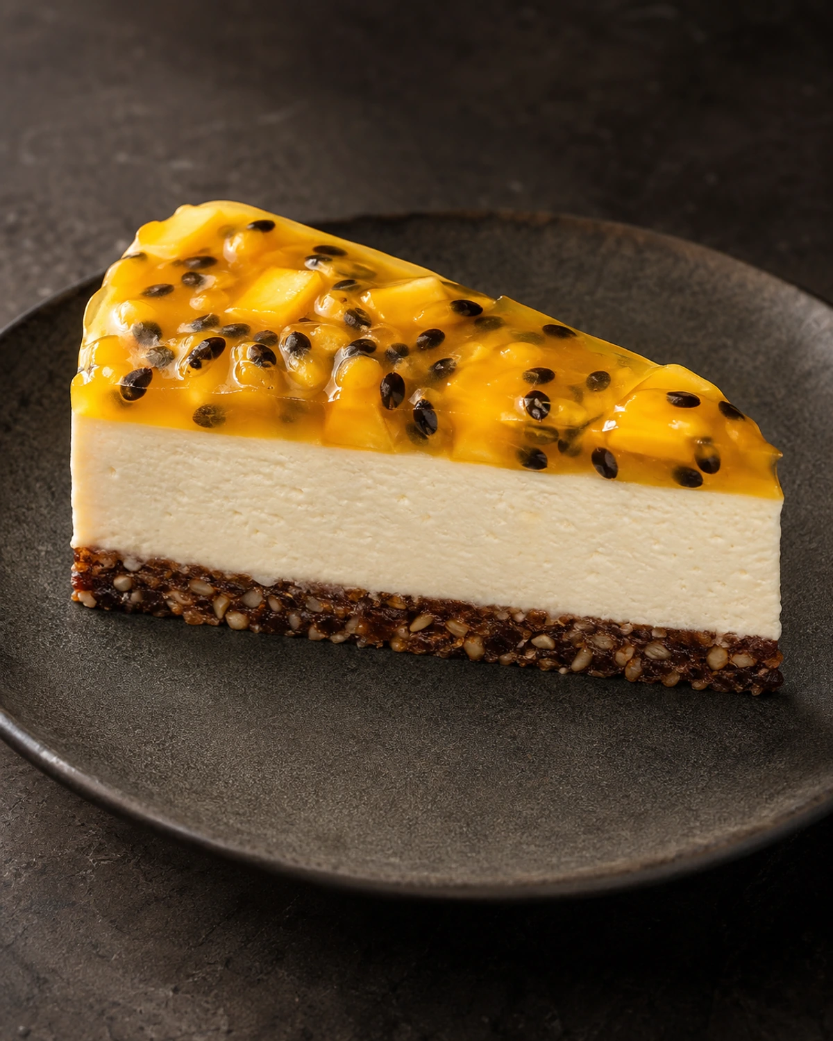 Cheesecake de frutas amarelas com base de castanhas e tâmaras