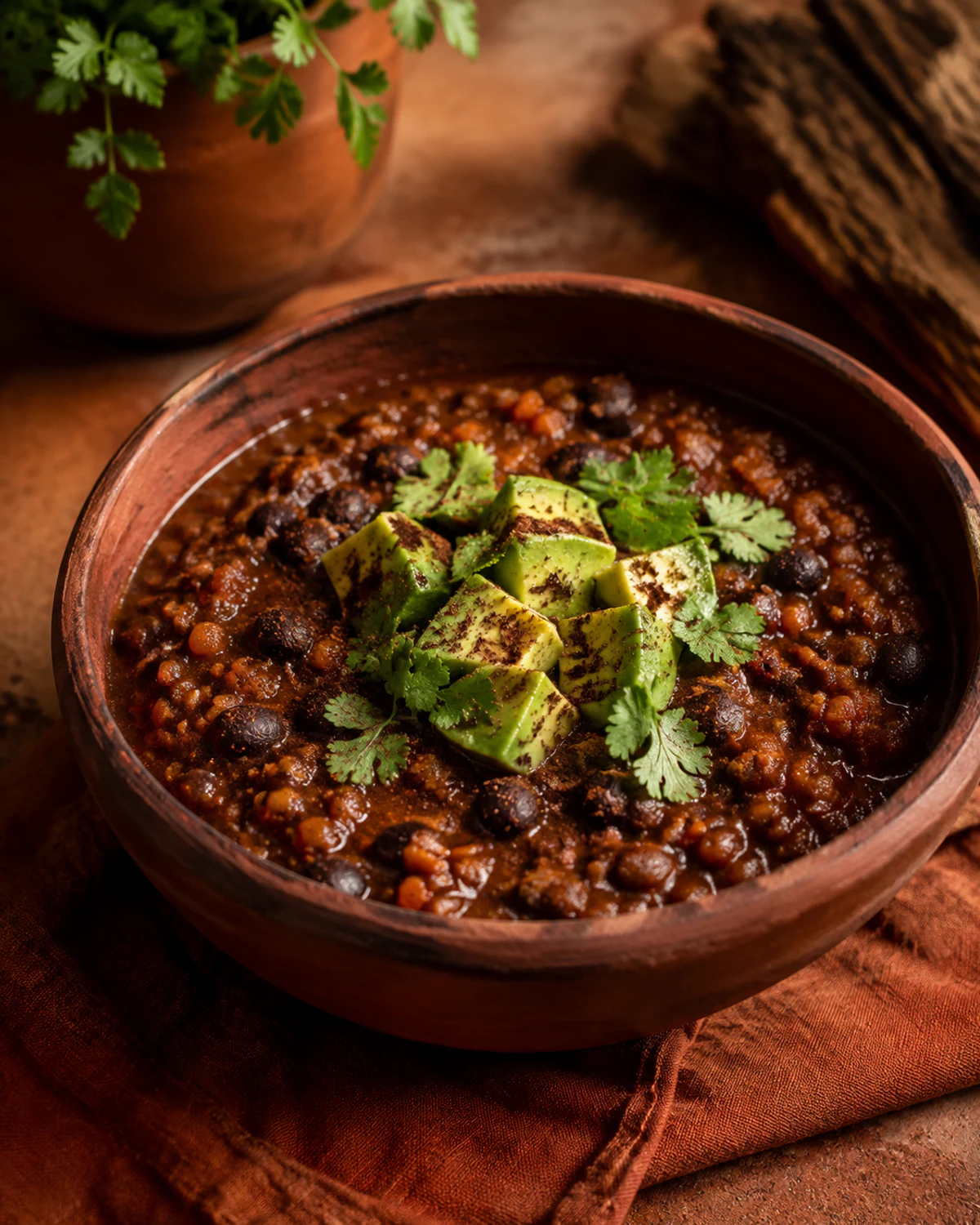 Chili de lentilha vermelha, feijão-preto e cacau