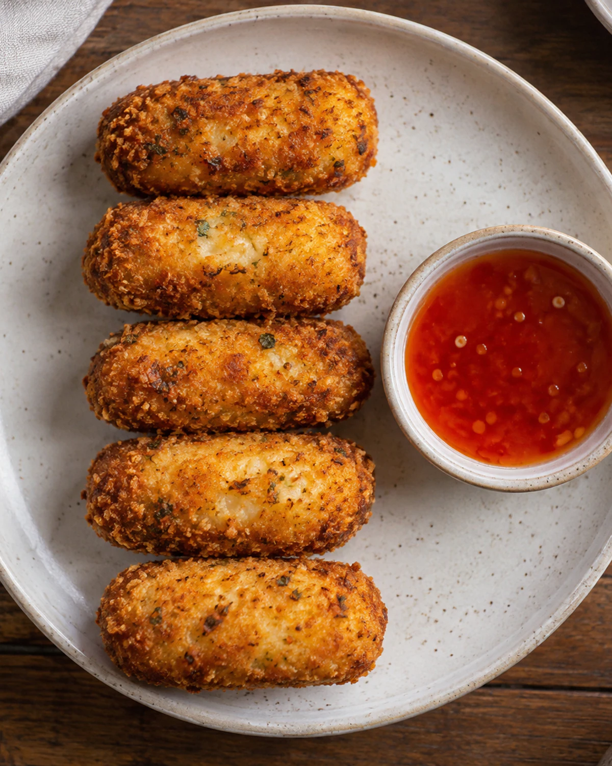 Croquete de arroz com queijo coalho e molho de pimenta