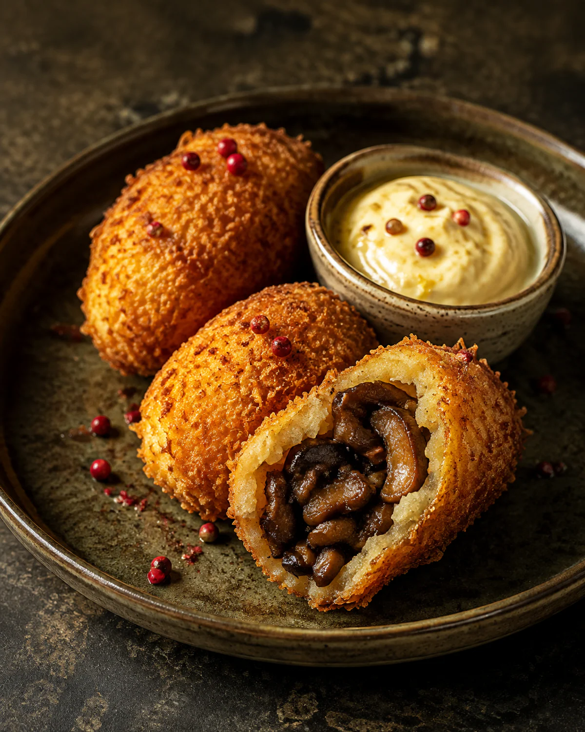 Croquete de mandioca com shiitake, pimenta-rosa e aioli de limão