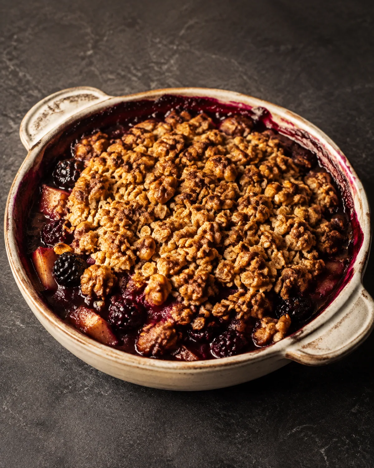 Crumble dourado de maçã e amora com aveia em flocos e canela