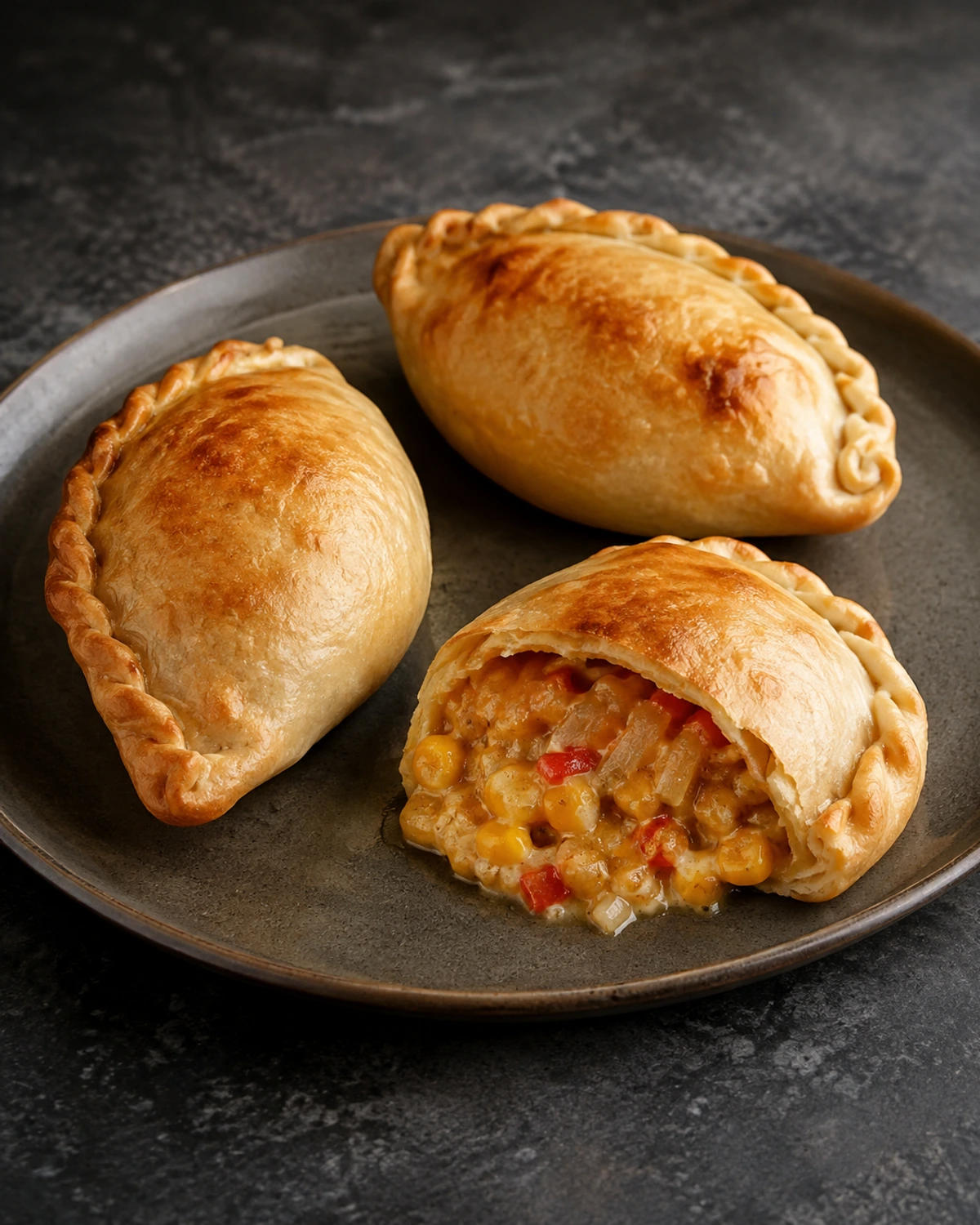 Empanada argentina de milho cremoso com cebola caramelizada e pimentão