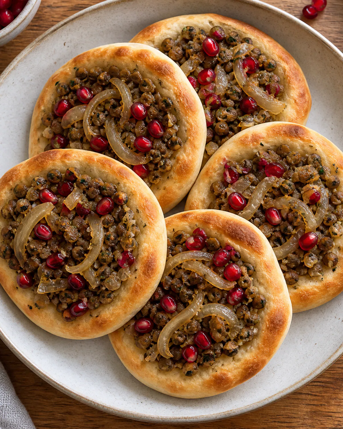 Esfiha de forno de lentilha com cebola e romã