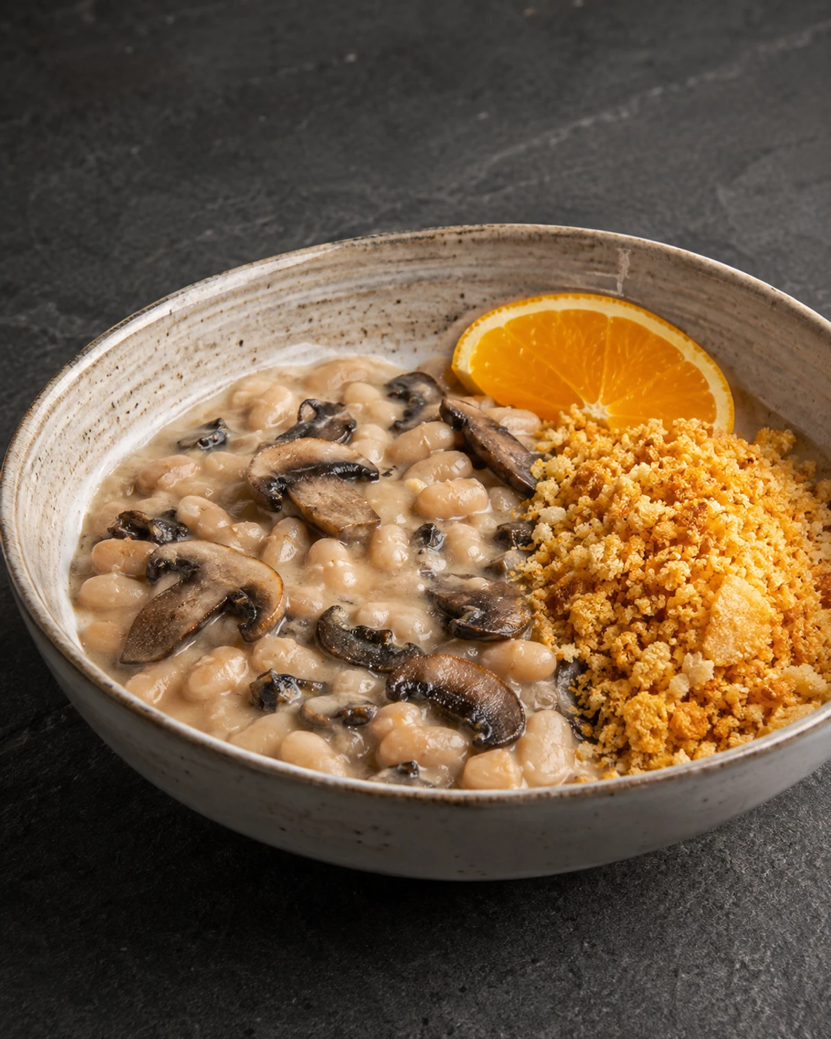 Feijoada branca de cogumelos com farofa crocante de mandioca e laranja