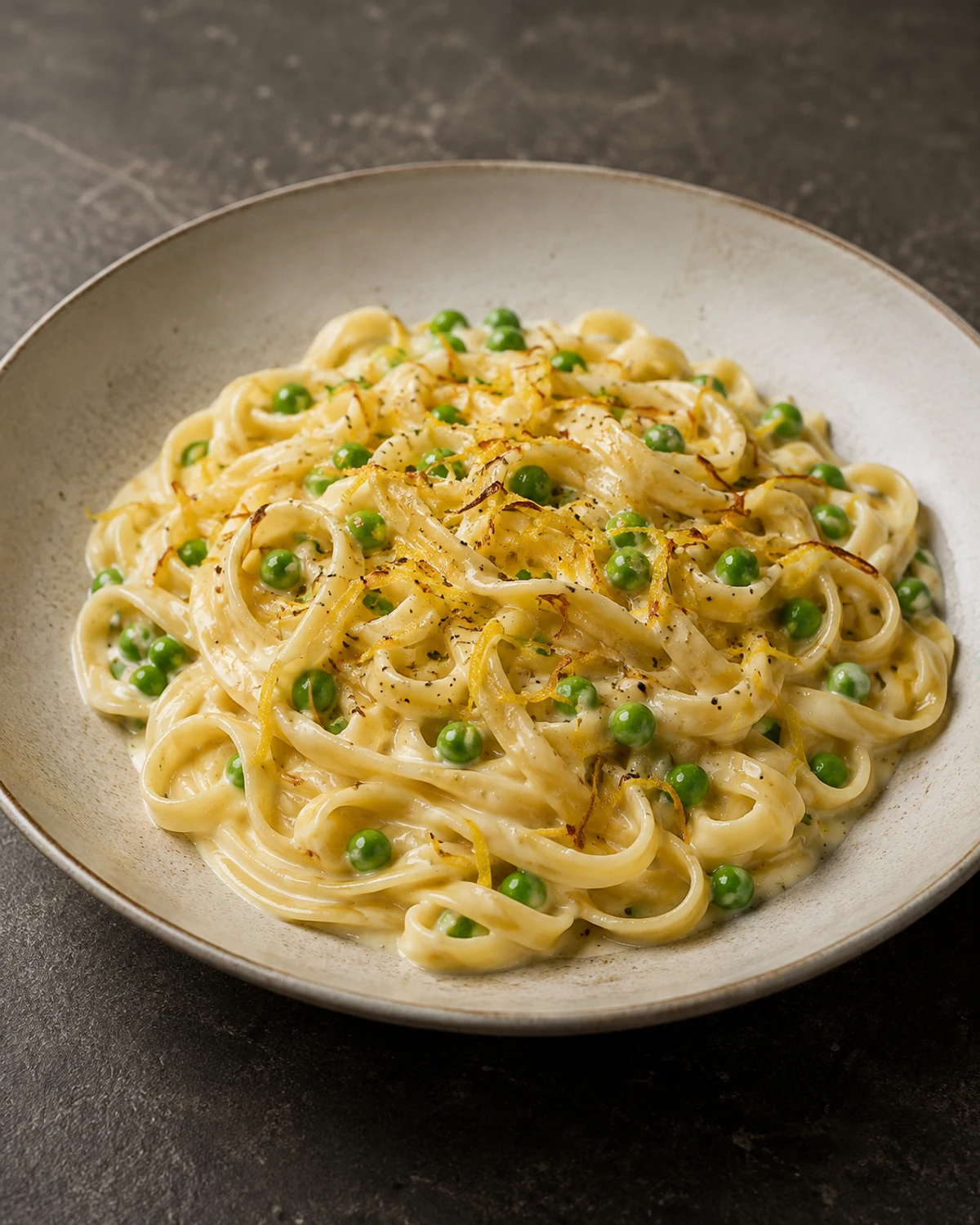 Fettuccine com creme de limão siciliano, ervilhas frescas e raspas tostadas