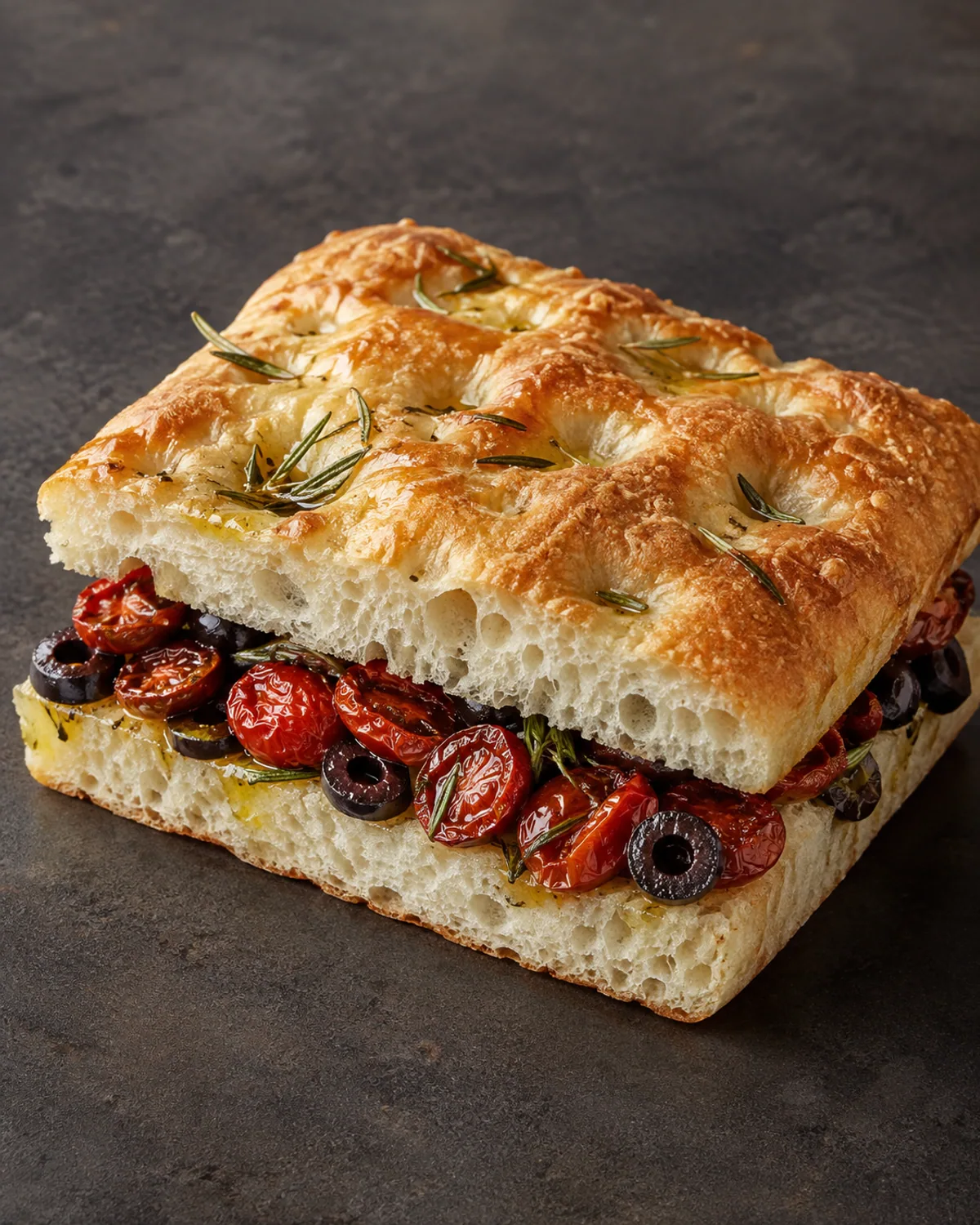 Focaccia alta de alecrim com tomates confitados e azeitonas pretas