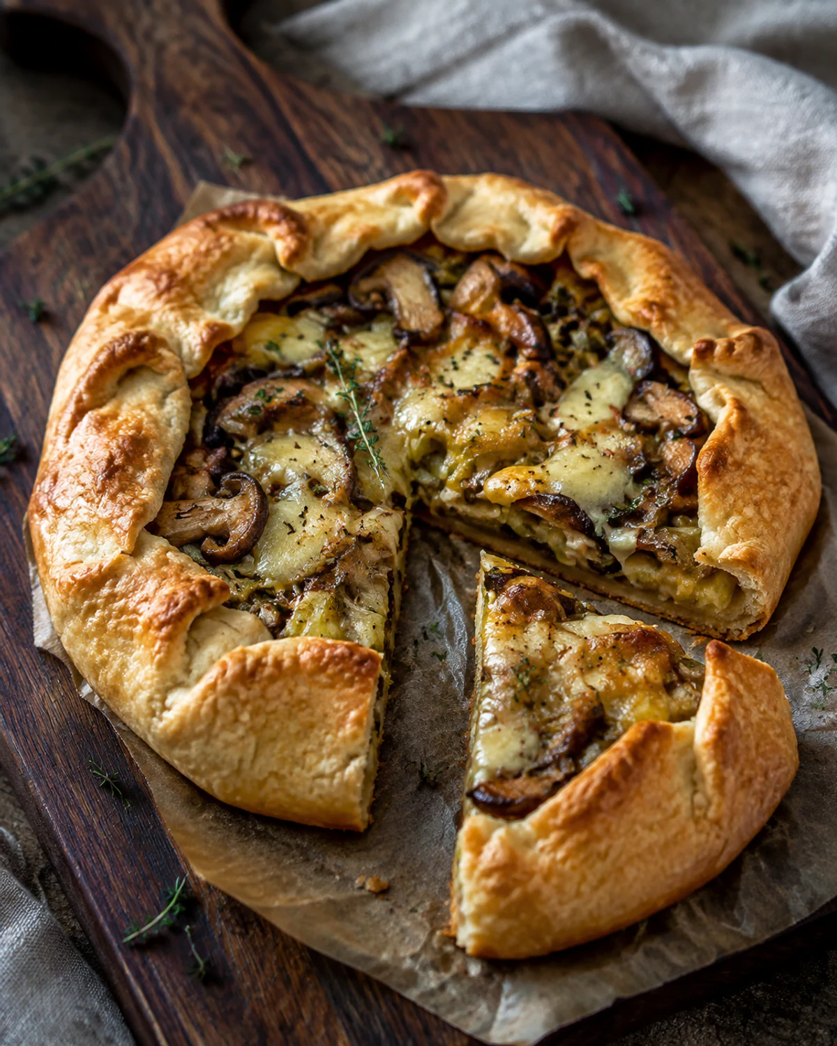 Galette rústica de cogumelos, alho-poró e queijo gruyère