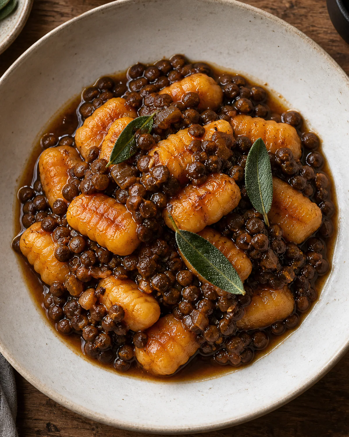 Gnocchi de batata-doce ao ragu de lentilha e vinho