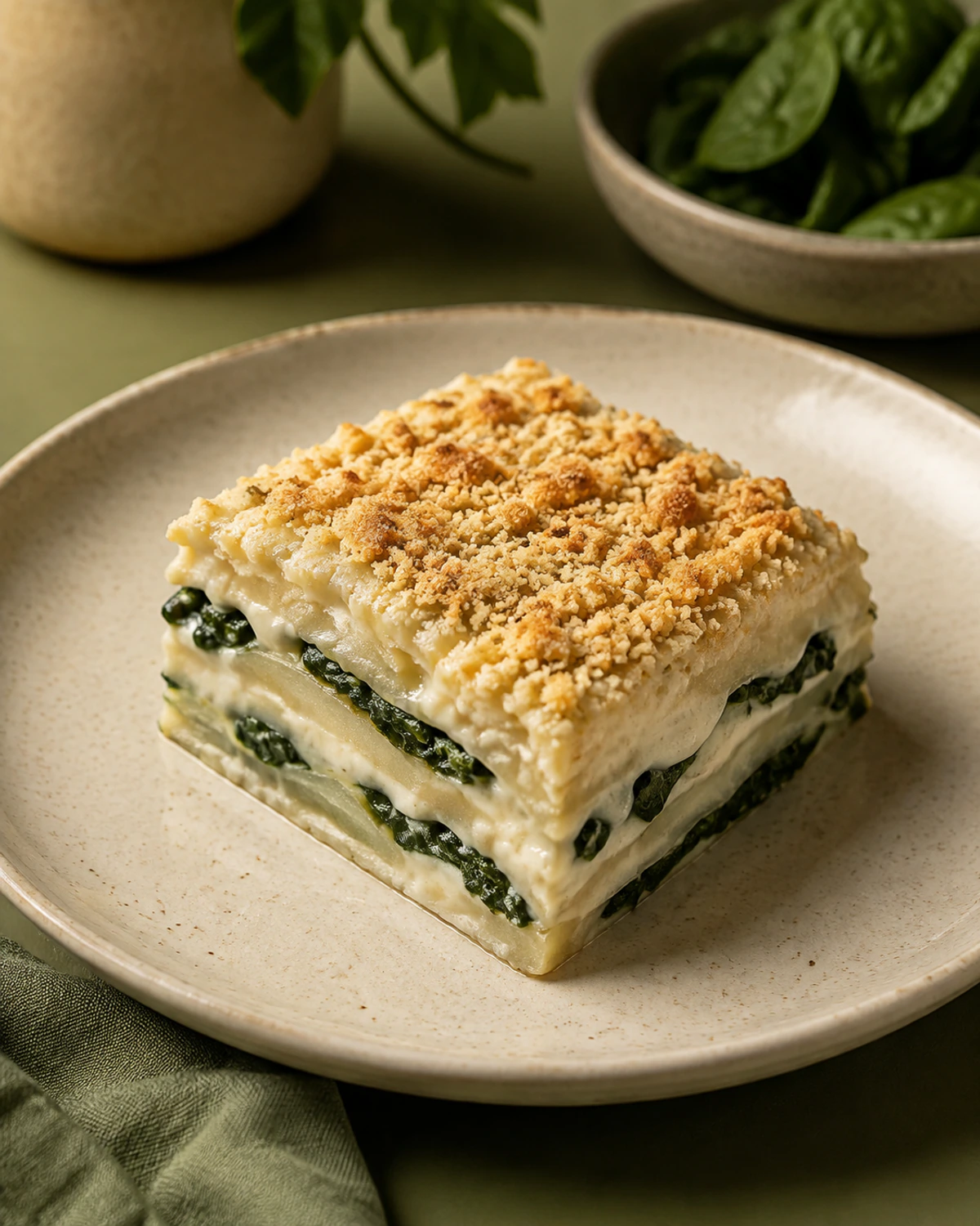 Lasagna de palmito pupunha com creme de castanha e espinafre