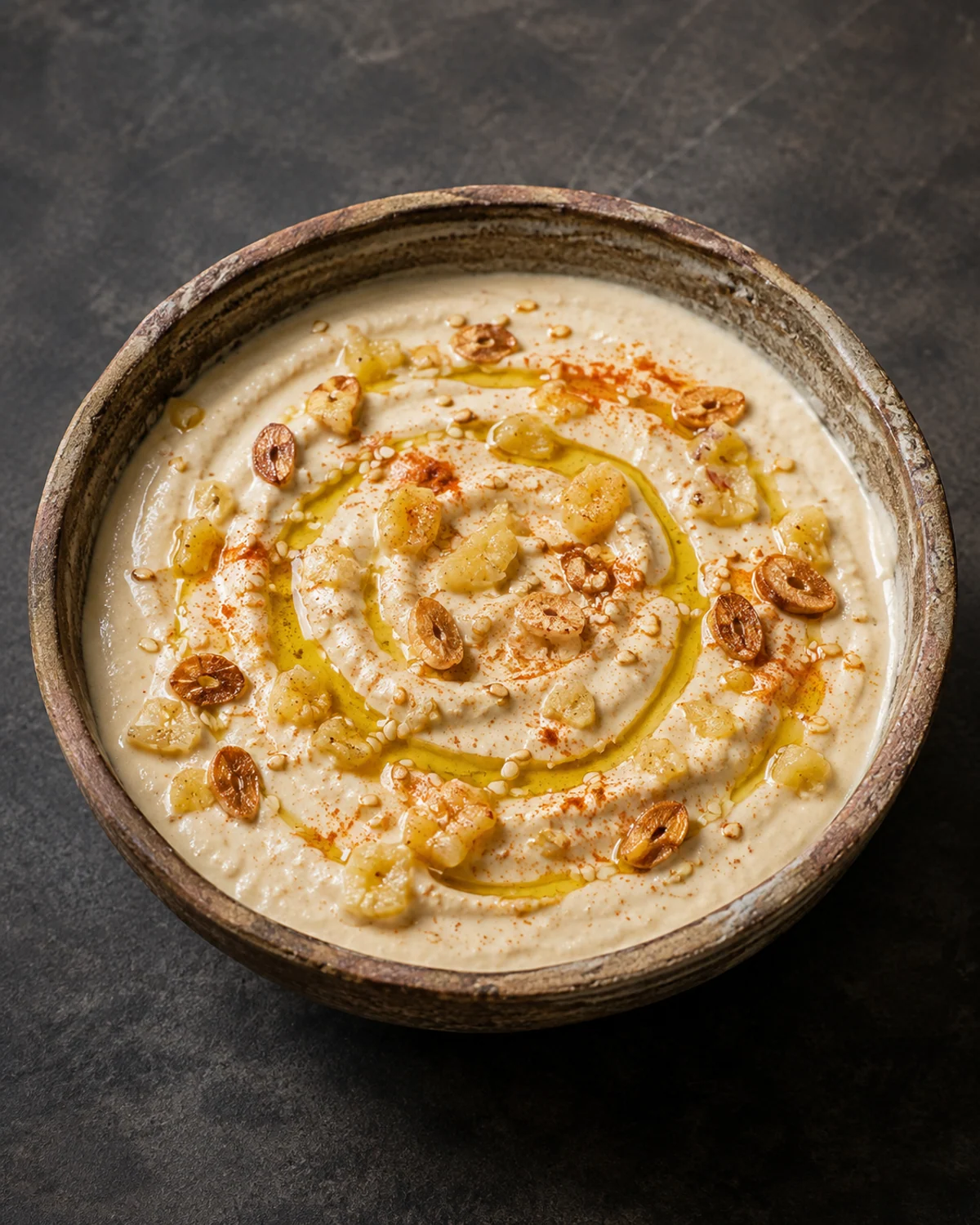 Molho cremoso de tahine com limão confitado e alho tostado