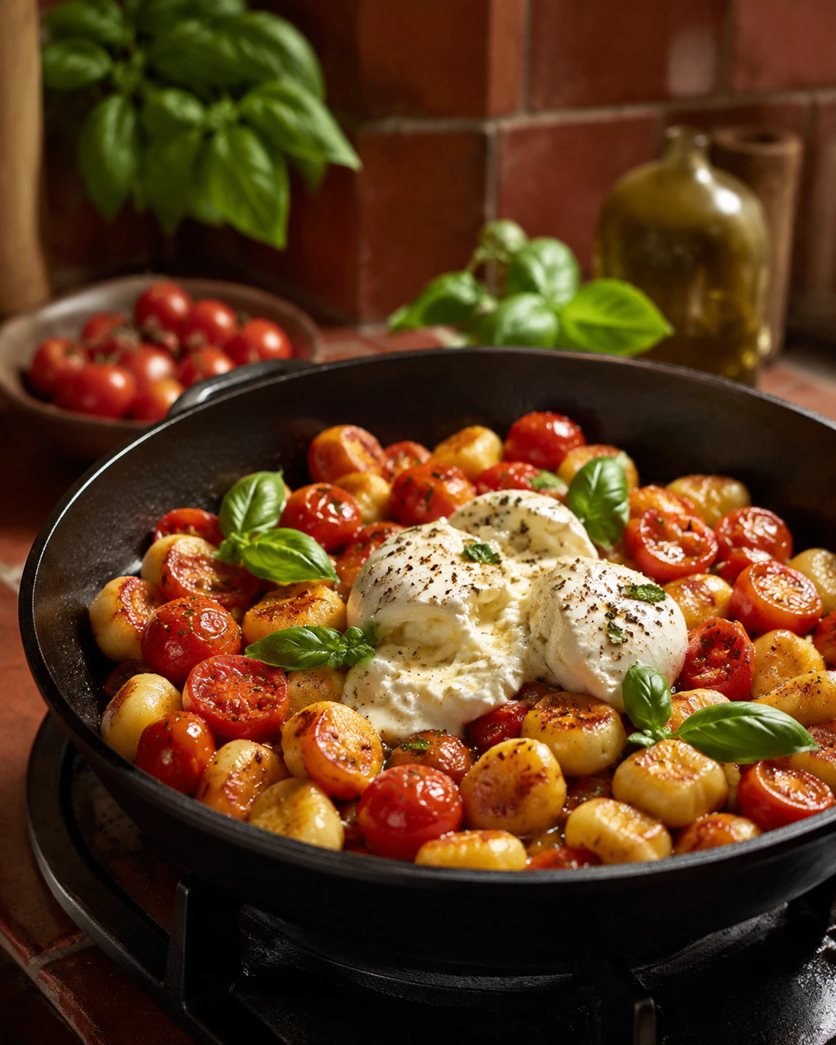 Nhoque de frigideira com tomate-cereja, burrata e manjericão