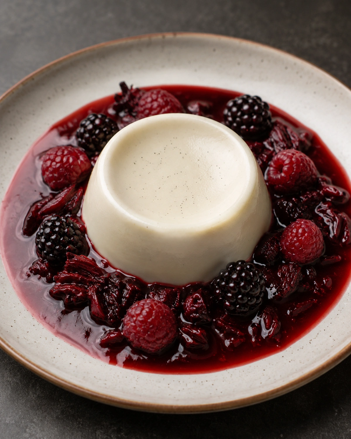 Panna cotta vegetal de baunilha com calda de frutas do bosque e hibisco