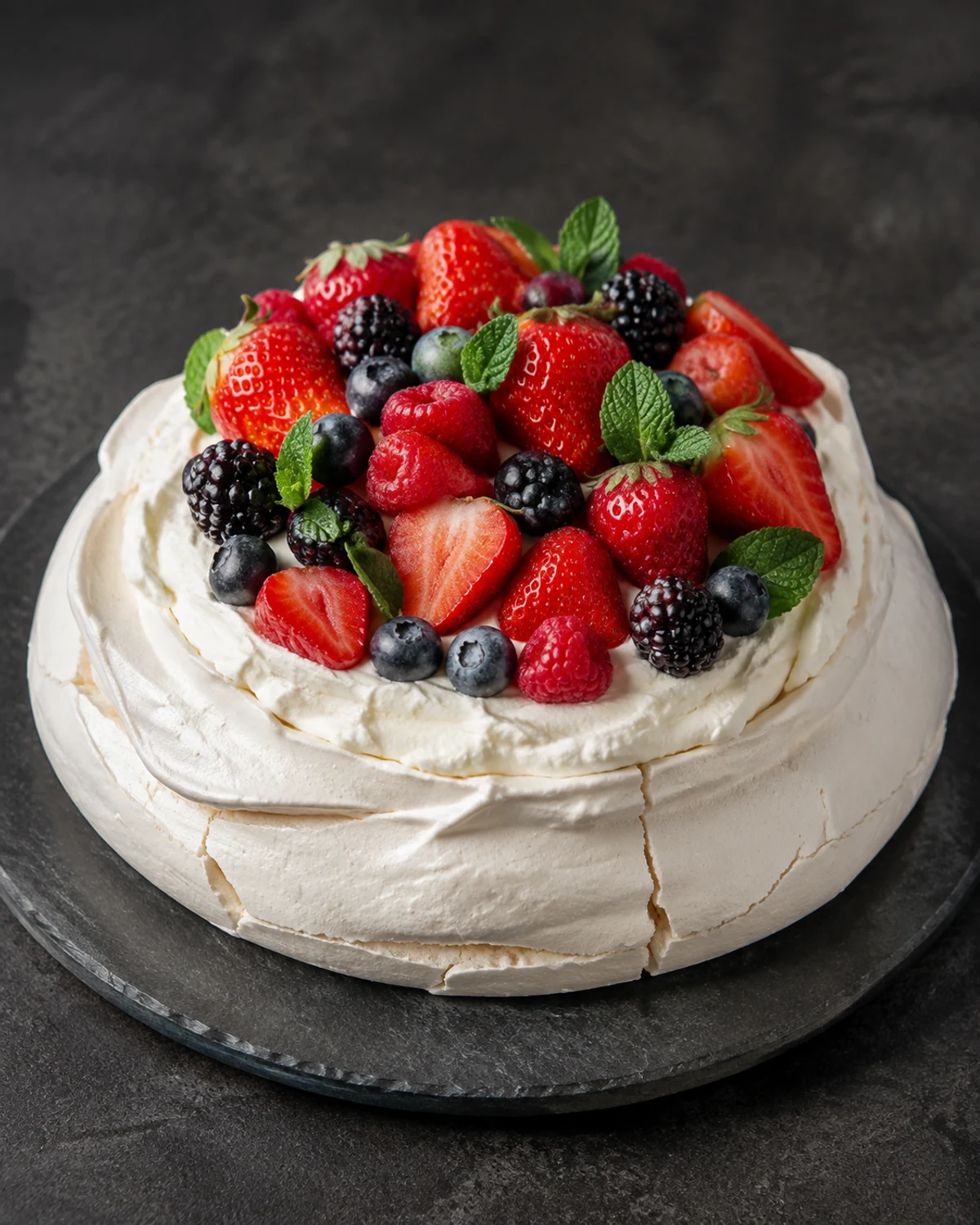 Pavlova de frutas vermelhas com chantilly fresco e folhas de hortelã