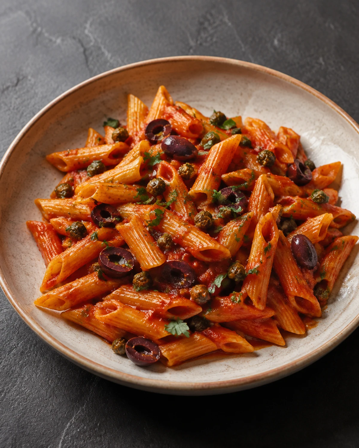 Penne ao molho arrabbiata com azeitonas kalamata e alcaparras crocantes