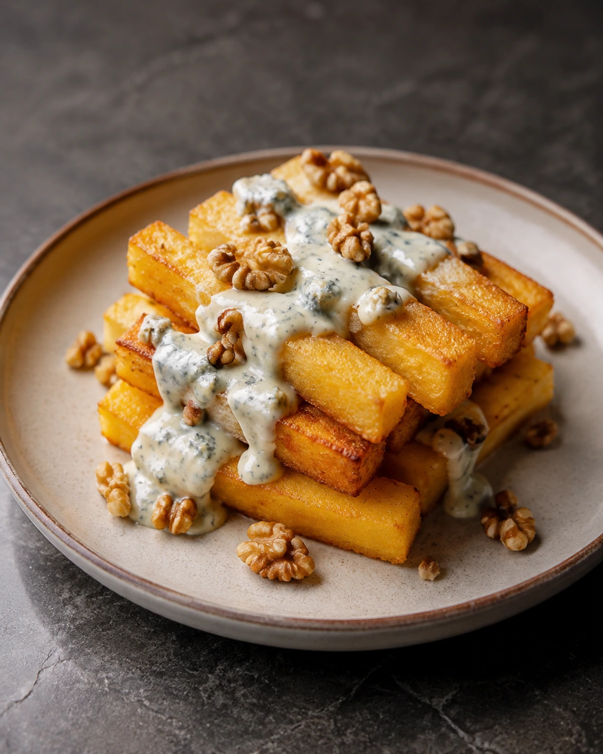 Polenta frita crocante com gorgonzola cremoso e nozes tostadas