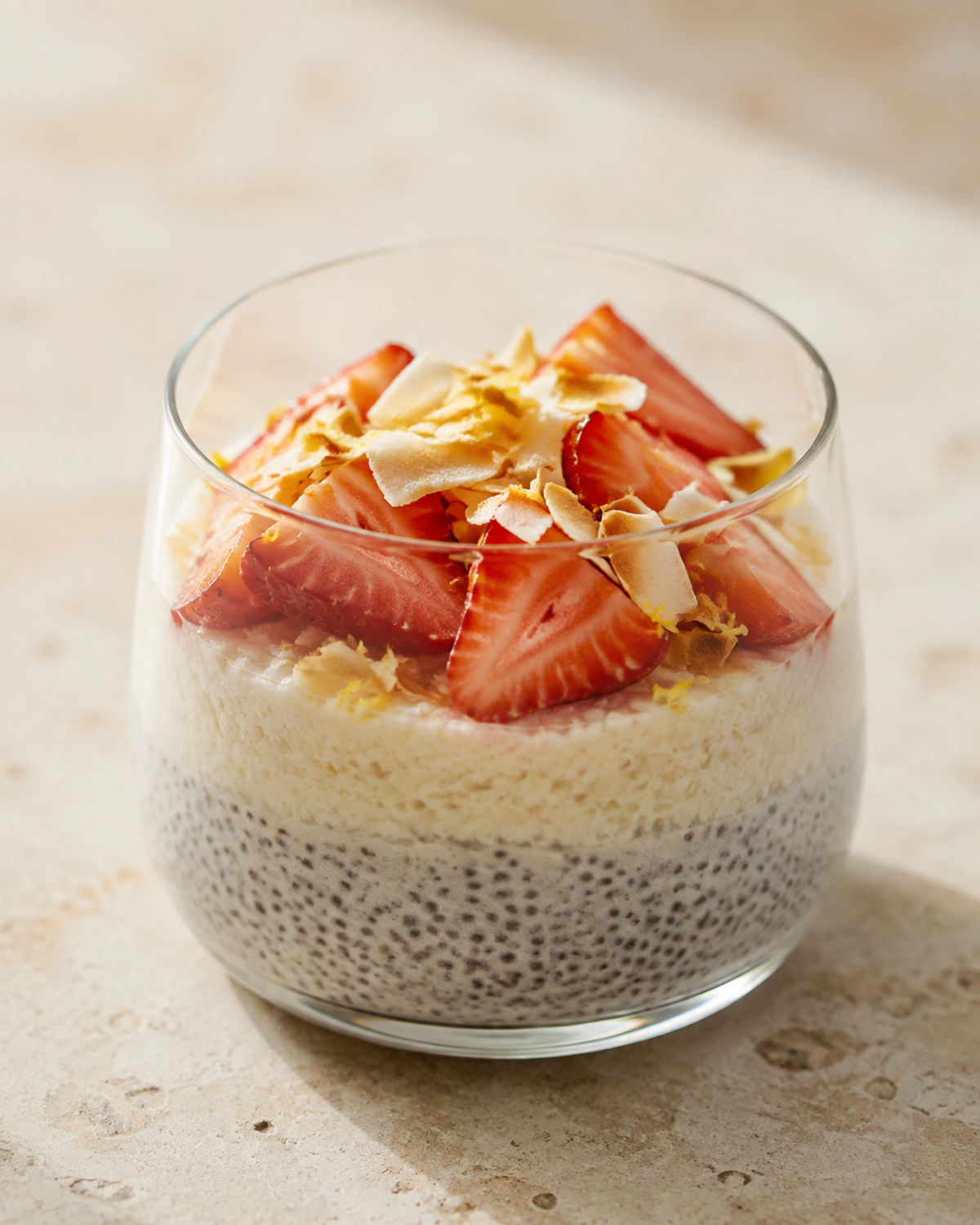 Pudim de chia com coco tostado, morango e limão-siciliano