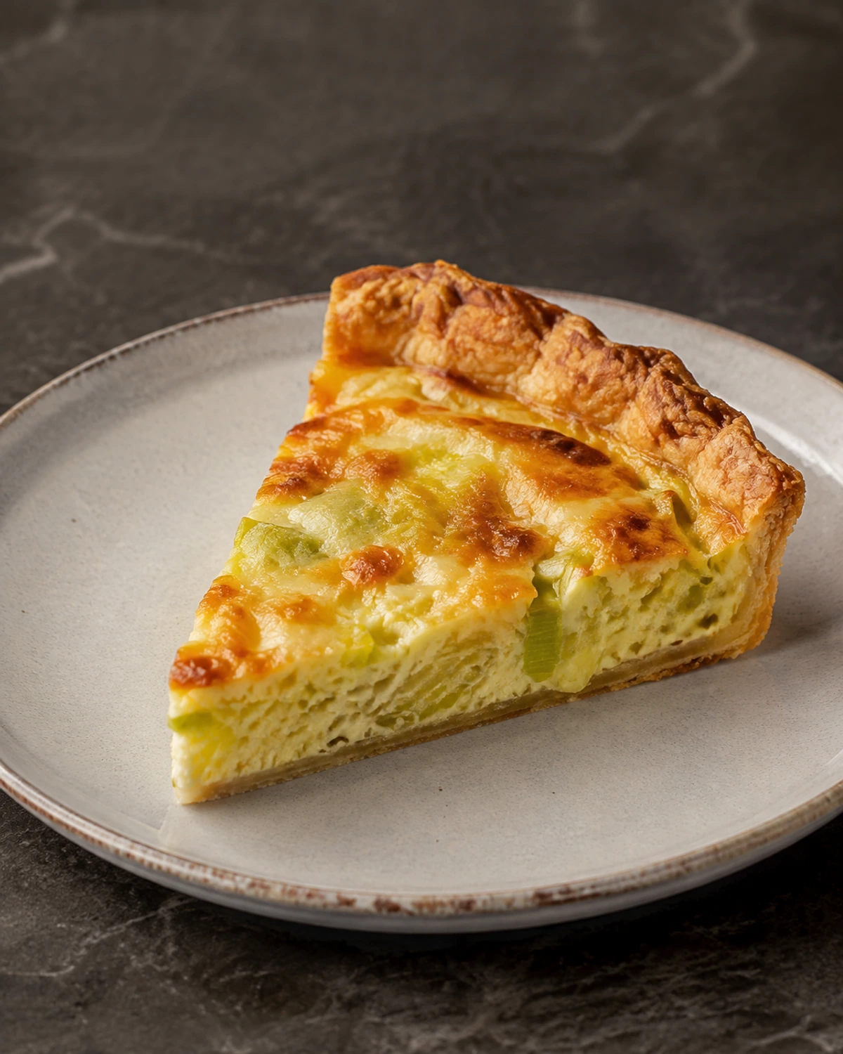 Quiche rústica de alho-poró e queijo emmental com massa amanteigada